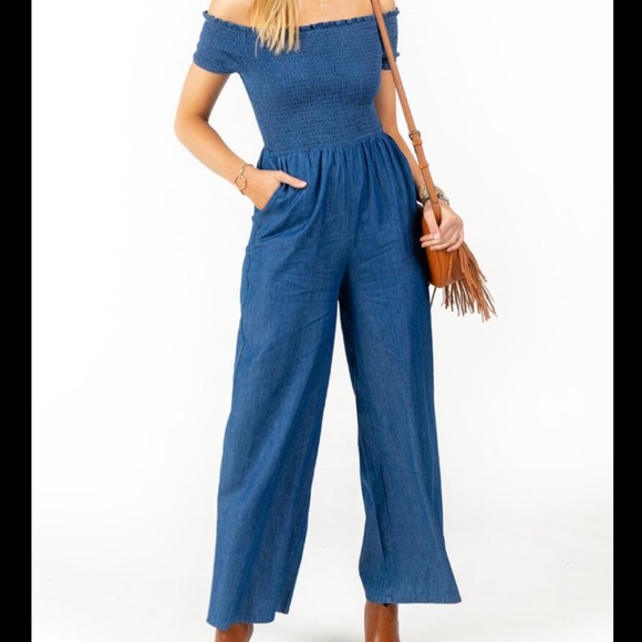 Francesca's Collections Pants - Francesca’s Ellison Chambray Denim Jumpsuit